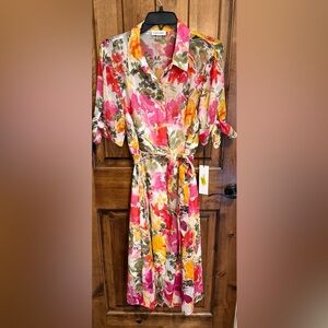 Calvin Klein Red and Pink Floral Midi Dress 10 NWT